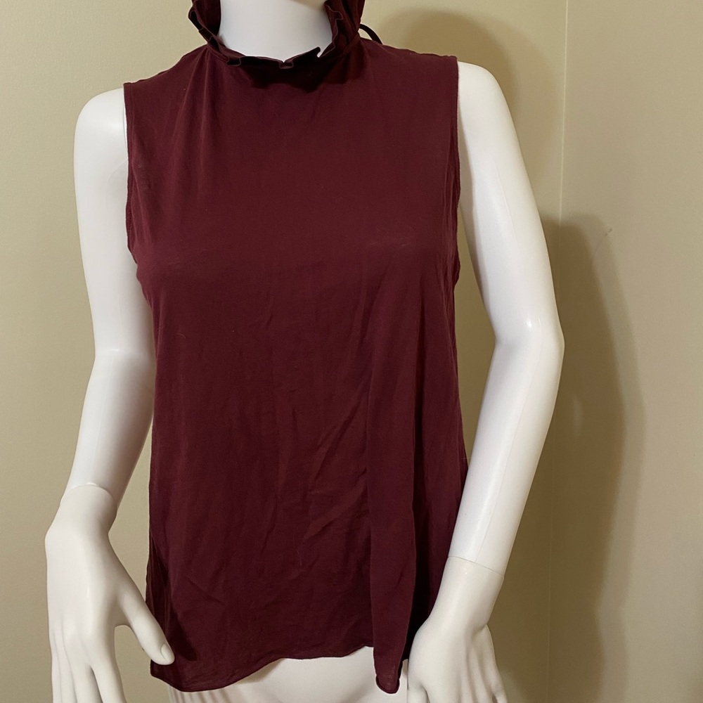 NWT! Adriano Goldschmied Burgundy Ruffle Neck Top Size XS tie back neck